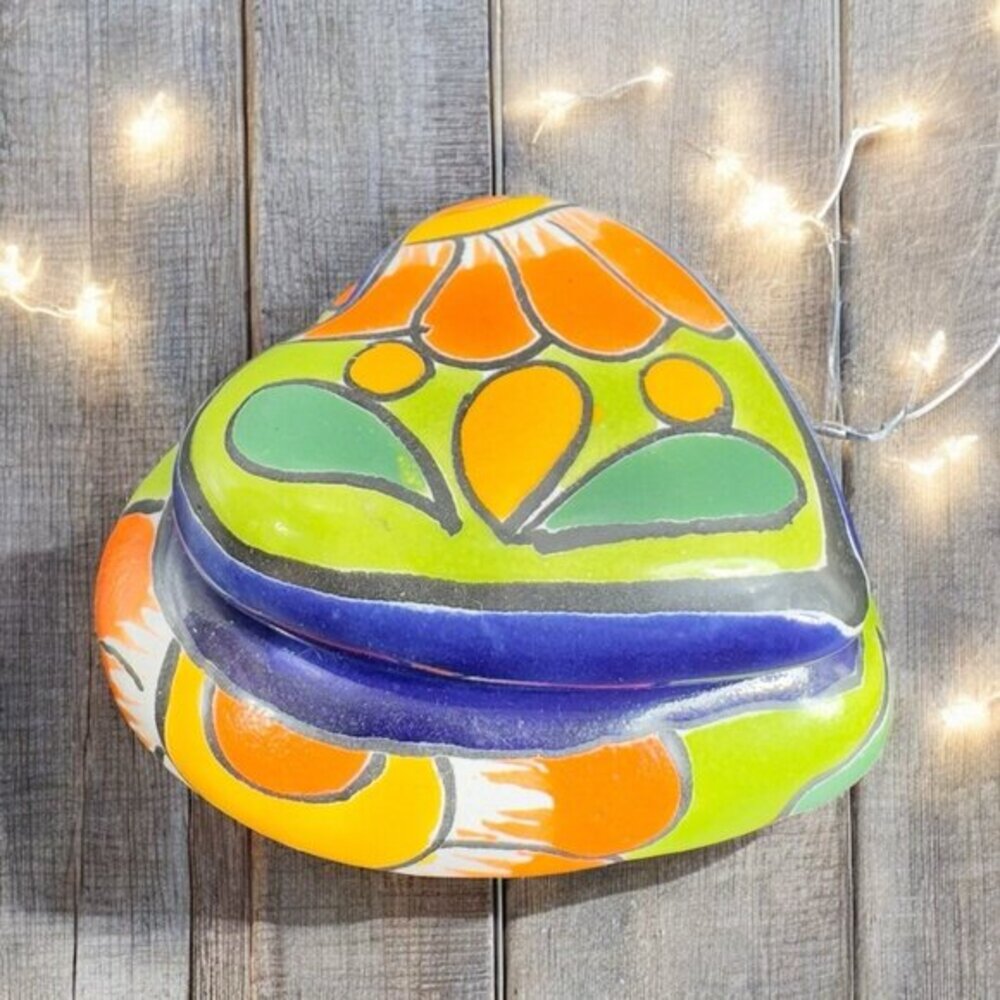 Mexican Pottery Heart Shape Trinket Dish Holder Jewelry Holder Container Marked‎